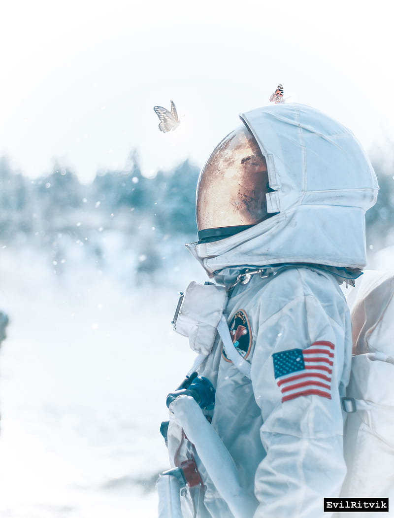 astronaut, butterflies, spacesuit, space, light, HD phone wallpaper