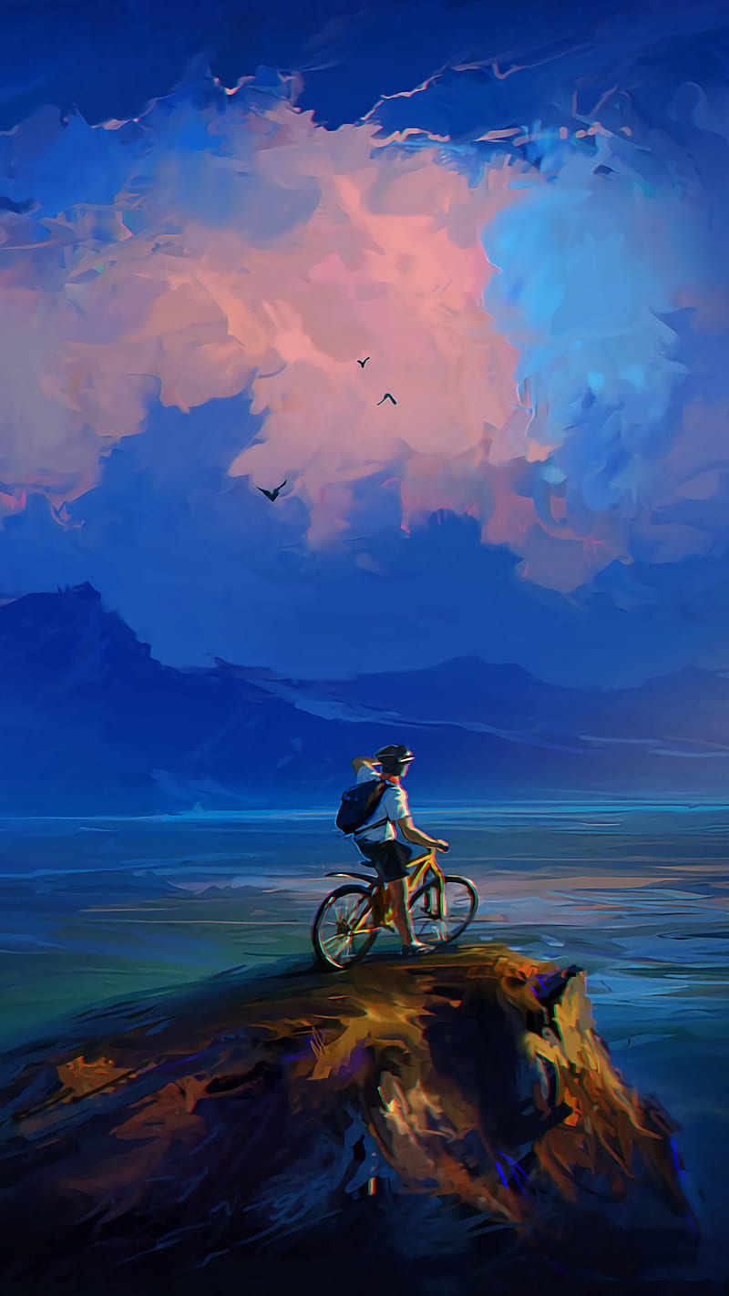 Cyclist On the Rock Art , sea, clouds, cliff, artistic, cycle, HD phone wallpaper