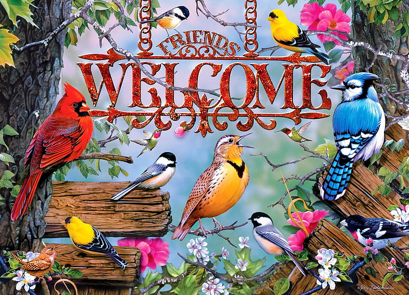 Welcome to Bird's Paradise, art, chickadees, digital, flowers, bluejay, hummingbird, goldfinch, cardinal, HD wallpaper