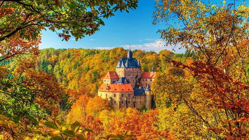 Castle Kriebstein At Autumn, Saxony, leaves, fall, germany, landscape, building, trees, colors, forest, HD wallpaper