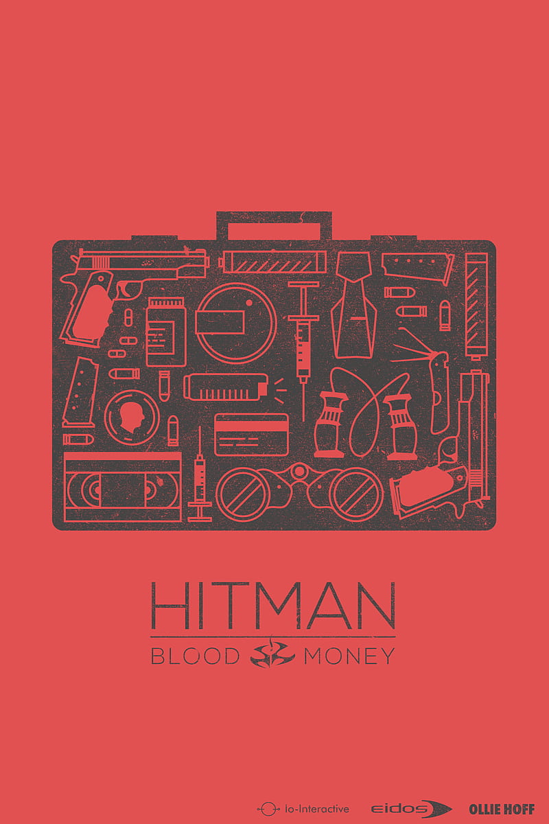 Hitman, Eidos Interactive, supressor, video games, red, red background, vertical, suitcase, syringe, binoculars, video tape, HD phone wallpaper