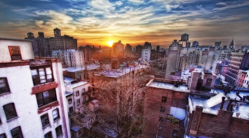 sunset over new york city r, city, buildings, r, sunset, clouds, HD wallpaper