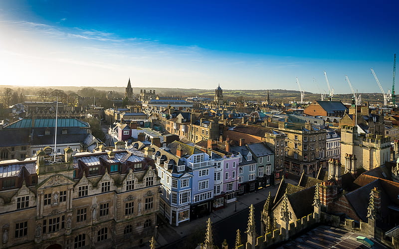 Oxford, city panorama, morning, sunrise, summer, England, UK, old city, HD wallpaper