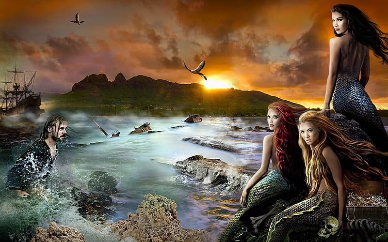 Pirate Hears The Sirens Call, seas, rock, ocean, sunset, Pirate, ship, alluring, sirens, Mermaids, Magical, HD wallpaper