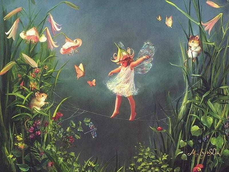 the-little-Fairy, fae, grass, mice, faeries, small, fantasy, paintings, butterfly, web, people, dragonfly, flowers, child, land, fairy, faitytale, art, female, wings, hat, cute, tiny, girl, HD wallpaper