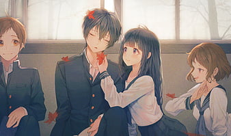 Papel de parede : Hyouka, Meninas anime, Meninos anime, 2D, Fundo simples,  cabelo longo, cabelo curto, asas de anjo, Peitos pequenos, Olhando para o  espectador, Chitanda Eru, Oreki Houtarou, cabelo preto, olhos