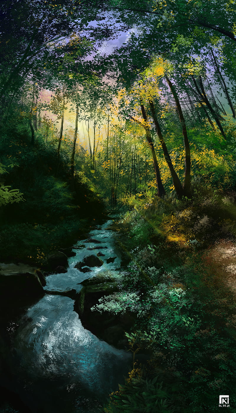 river, stream, forest, trees, art, HD phone wallpaper