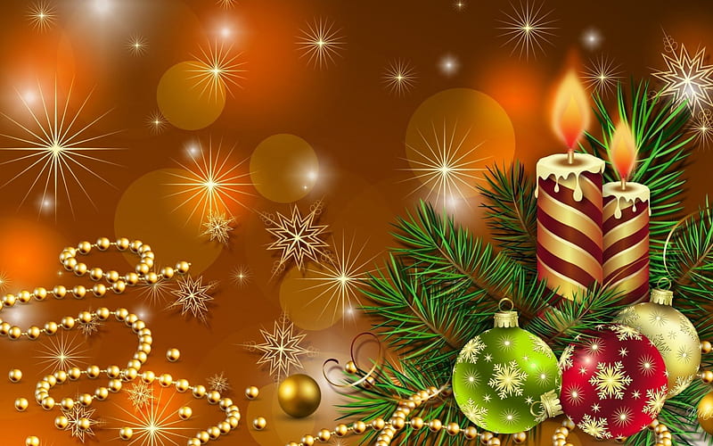 'Brightly lit with Candlelight', ornaments, colorful, glow, jolly, tinsel, attractions in dreams, bonito, ribbons, seasons, xmas and new year, greetings, sparkle, decorations, bright, stars, lovely, holiday, lighting, happiness, colors, love four seasons, abstract, candles, balls, winter holidays, celebrations, HD wallpaper