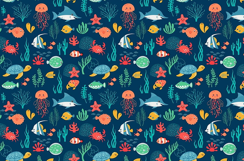 Pattern, orange, fish, turtle, algae, texture, summer, jellyfish, blue, HD wallpaper
