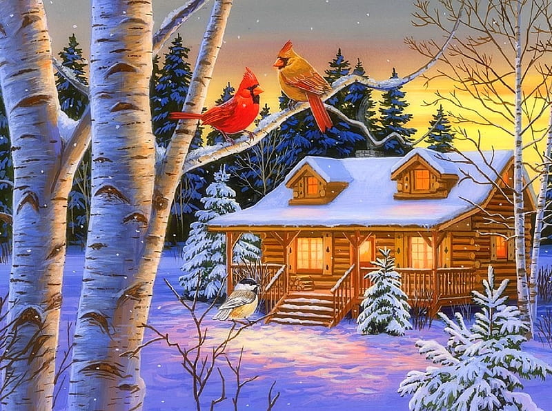 Rustic Retreat in Winter, Christmas, holidays, love four seasons, birds, attractions in dreams, xmas and new year, winter, countryside, cardinals, snow, winter holidays, cabins, HD wallpaper