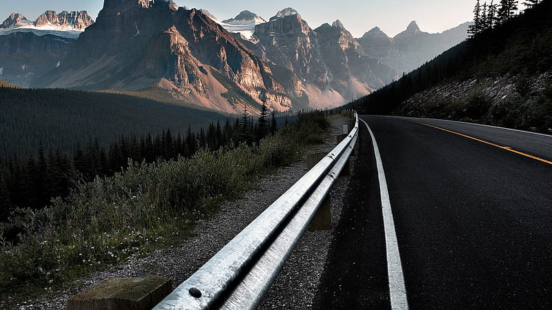 highway to an impressive mountain range, highway, forest, valley, mountains, HD wallpaper