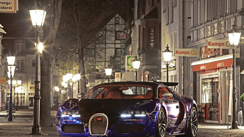 dazzling bugatti veyron parked in town, lightning, town, car, paint job, lamp posts, stores, HD wallpaper