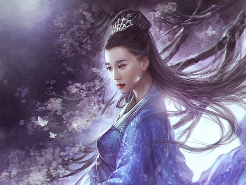 Princess, frumusete, fantasy, girl, asian, white, blue, yankong bu, luminos, kimono, HD wallpaper