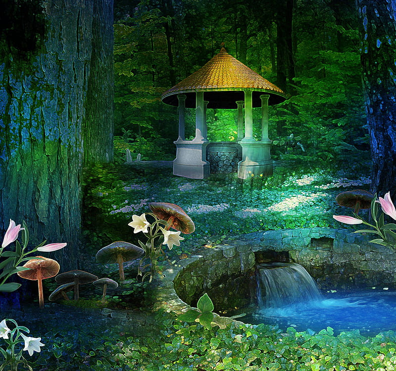 Fantasy world, forest, fantasy, water, well, waterfall, mushrooms, river, HD wallpaper