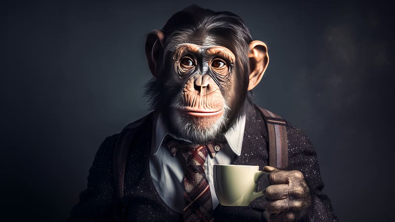 :), fantasy, coffee, funny, maimuta, ape, chimpanzee, monkey, cup, primate, HD wallpaper