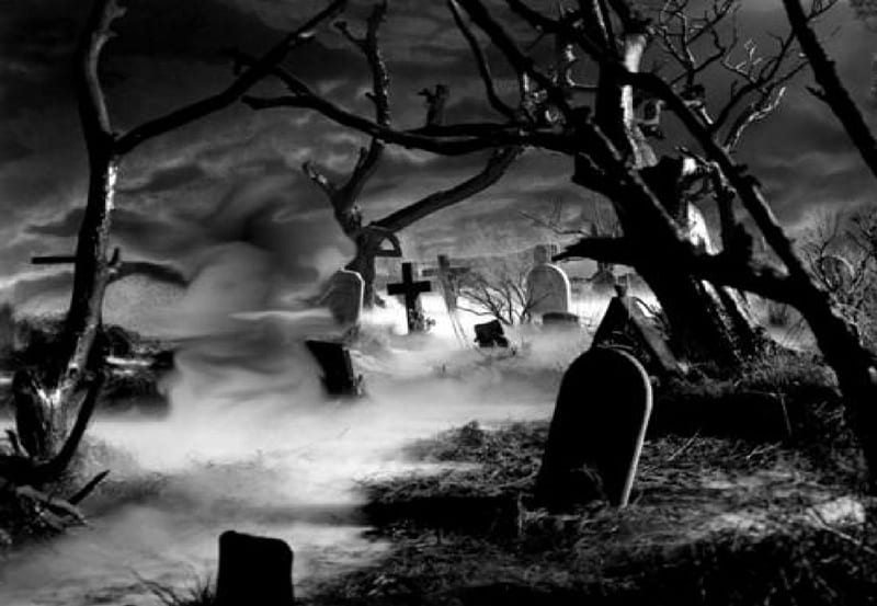 Foggy Night In The Graveyard, fantasy, trees, tombstones, fog, HD wallpaper