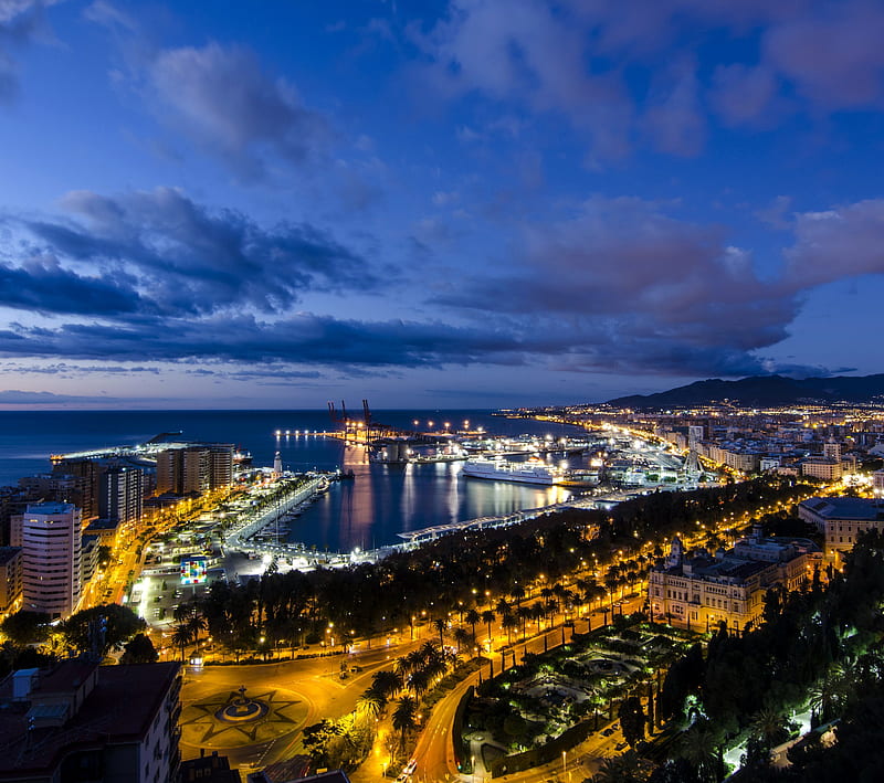 Malaga, island, lights, night, spain, HD wallpaper