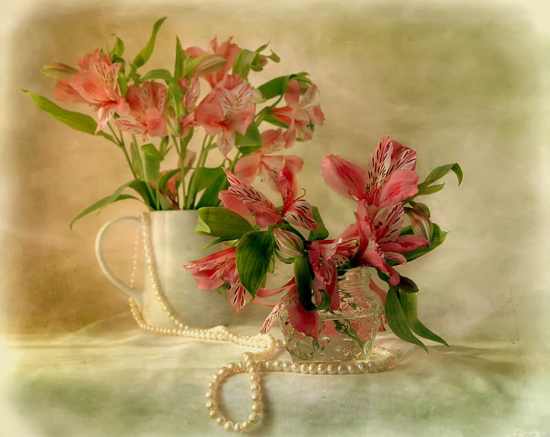 Pearls, still life, pink flowers, fabric, flowers, vase, HD wallpaper