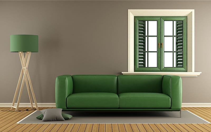 stylish interior, living room, green leather sofa, green window, modern interior design, HD wallpaper
