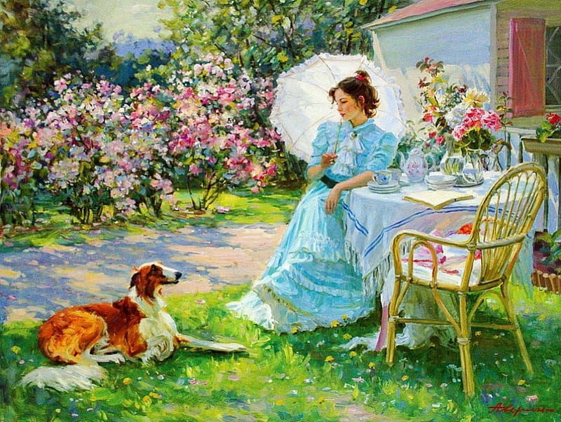 Summer Garden, armchair, woman, artwork, painting, blossoms, flowers, umbella, dog, vintage, HD wallpaper