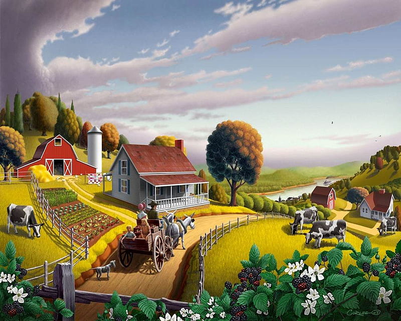 Walt Curlee. Appalachian Blackberry Patch, farm, art, tree, walt curlee, painting, path, horse, field, HD wallpaper