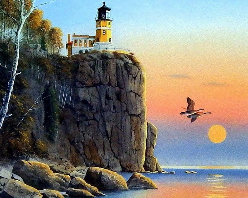 Split Rock Lighthouse, oceans, paintings, draw and paint, sunsets, lighthouses, love four seasons, nature, cliff, HD wallpaper