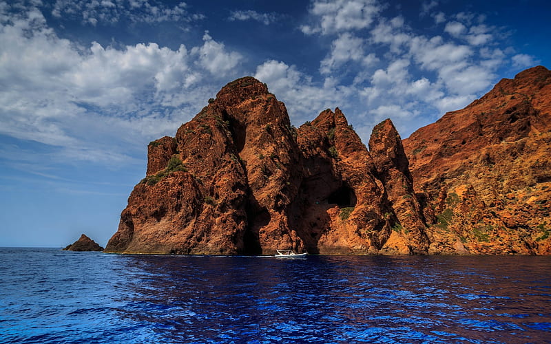 Corsica, island, Mediterranean Sea, cliffs, France, sea, waves, boat, HD wallpaper
