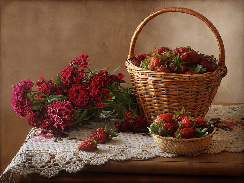 Still life, red, pretty, fruits, bonito, nice, basket, dark, flowers, strawberries, HD wallpaper
