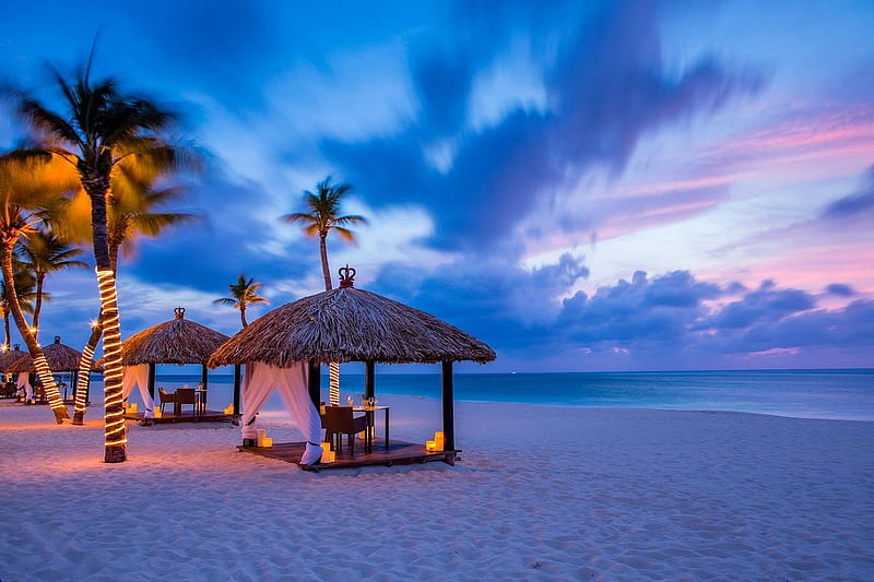 romantic place, paradise, beaches, heaven, nature, bonito, sunset, trees, blue, HD wallpaper