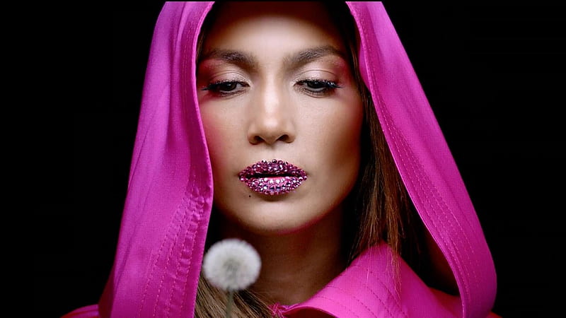 Jennifer Lopez, black, woman, singer, lips, dandelion, girl, actress, face, pink, HD wallpaper