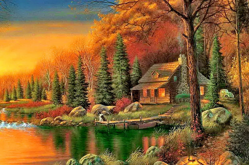 Romantic house, fall, pretty, autumn, house, shore, cottage, falling, cabin, bonito, sunset, foliage, countryside, leaves, nice, calm, olace, painting, river, sunrise, reflection, forest, quiet, lovely, romantic, lake, water, serenity, nature, HD wallpaper
