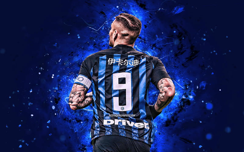 Mauro Icardi, back view, Internazionale FC, football stars, argentine footballers, Serie A, Icardi, football, soccer, Italy, neon lights, Inter Milan FC, Icardi back view, HD wallpaper