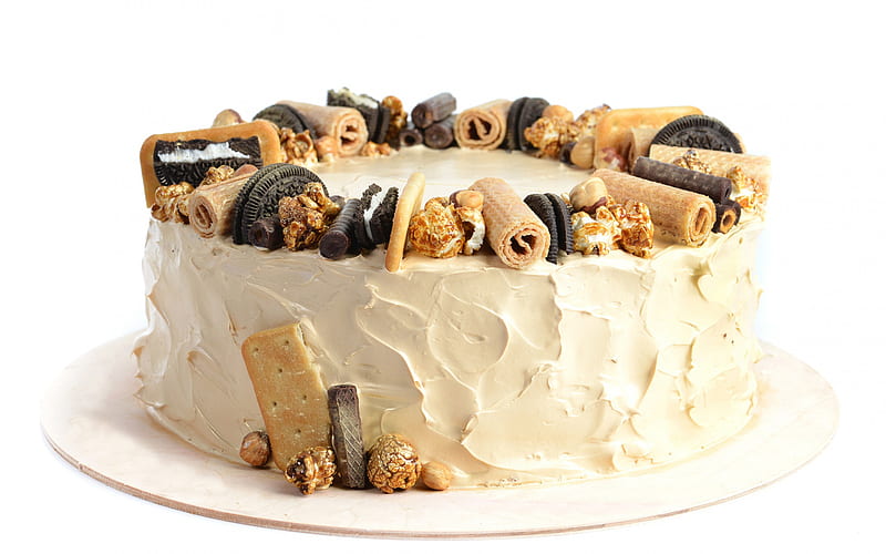 cake with white cream, sweets, birtay cake, dessert, HD wallpaper