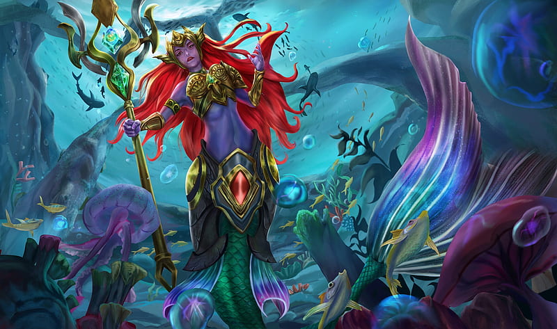 The mermaid warrior, girl, tuan anh vu le, mermaid, summer, blue, colorful, red, vara, warrior, water, siren, HD wallpaper