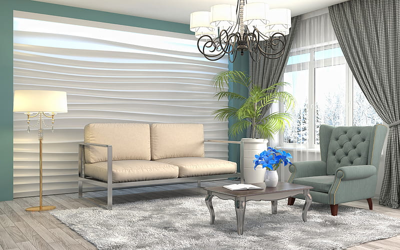 stylish interior, living room, 3d gypsum panels, 3d wave on the wall, modern interior design, HD wallpaper