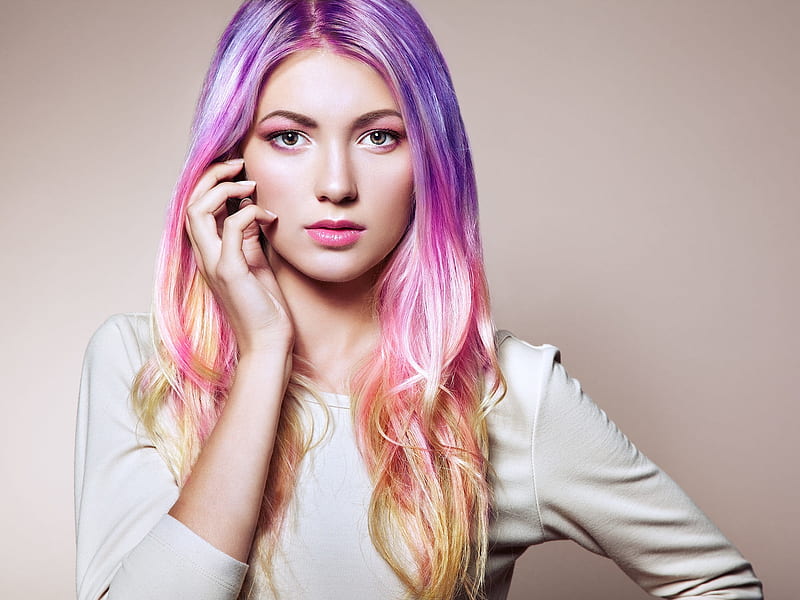 ლ, Model, Girl, Rainbow hair, Face, HD wallpaper