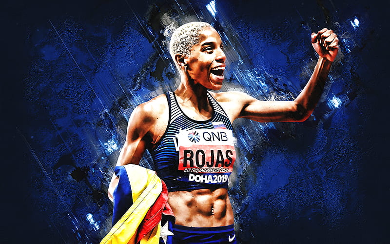 Yulimar Rojas, Venezuelan athlete, portrait, Venezuela, Venezuela National Olympic Team, Yulimar Rojas art, blue stone background, HD wallpaper