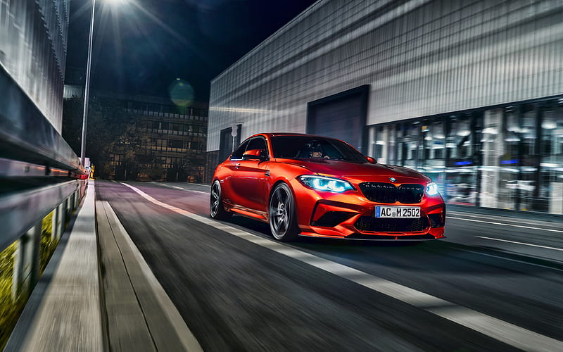 BMW M2 tuning, 2019 cars, night race, german cars, orange m2, BMW, HD wallpaper