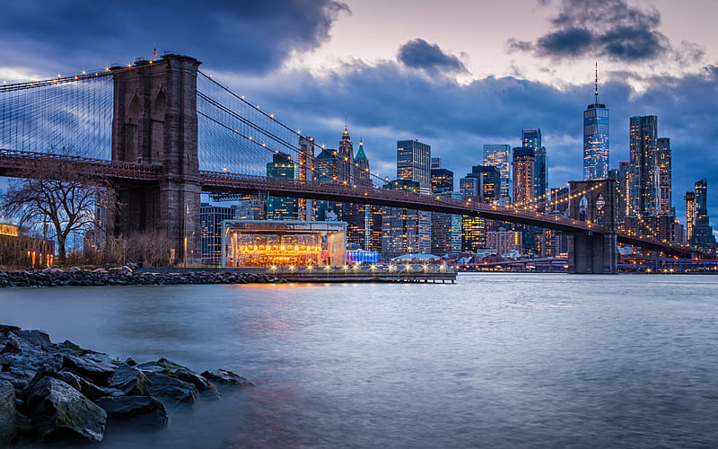 Brooklyn Bridge, New York, sunset, evening, Brooklyn, skyscrapers, World Trade Center 1, cityscape, New York skyline, USA, HD wallpaper
