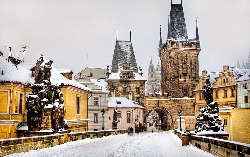 Prague city. Charles bridge, architercture, city, gothic, snow, prague, castle, winter, HD wallpaper