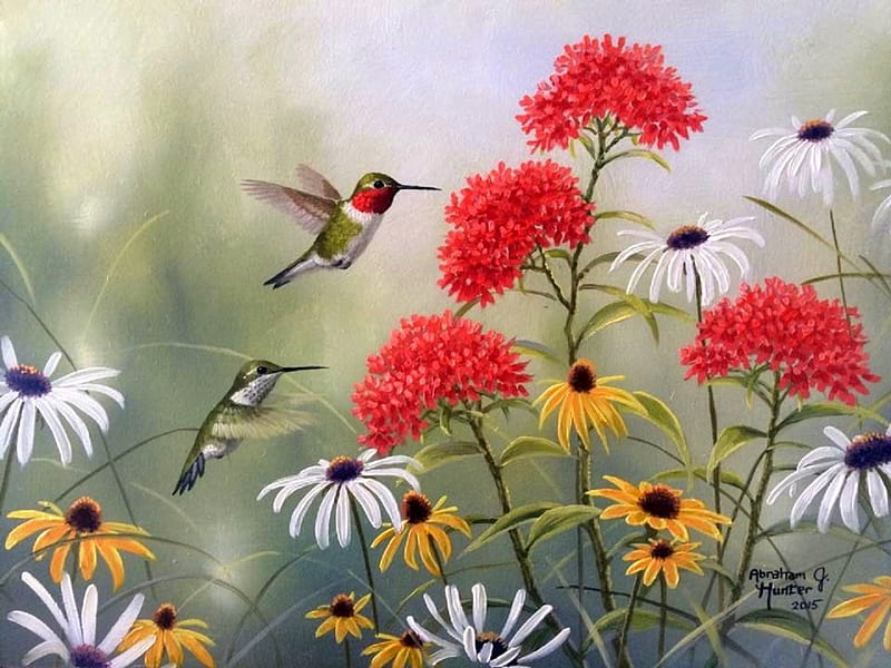 Bright with Wildflowers, pretty, paintings, lovely, hummingbirds, wildflowers, love four seasons, spring, animals, HD wallpaper