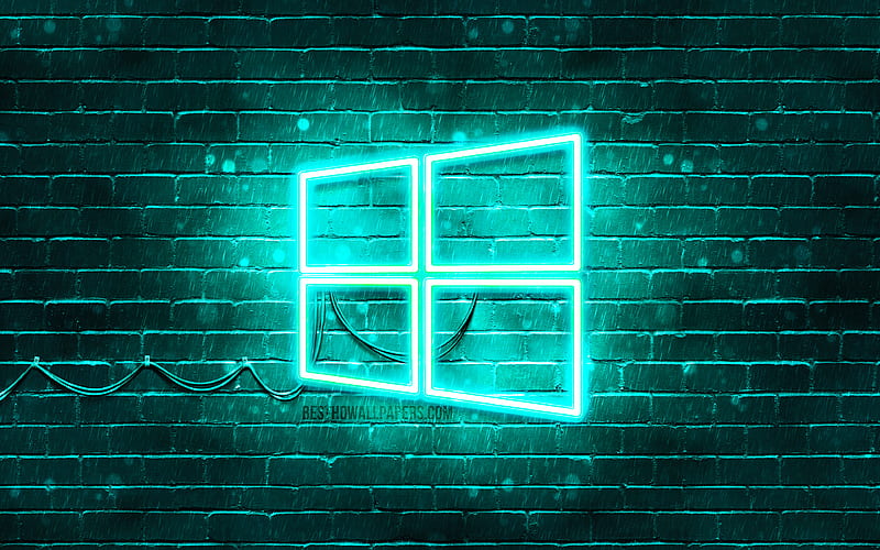 Windows 10 turquoise logo turquoise brickwall, Windows 10 logo, brands, Windows 10 neon logo, Windows 10, HD wallpaper