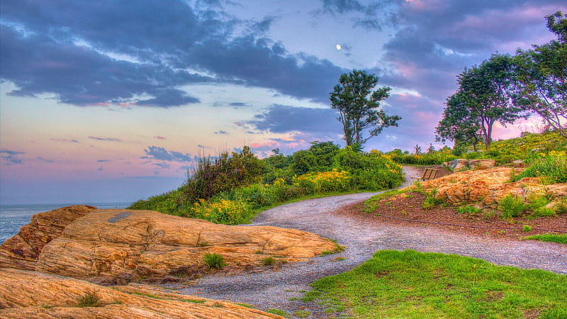 Fort Williams, Portland, Maine, usa, sea, landscape, trees, clouds, sky, sunset, HD wallpaper