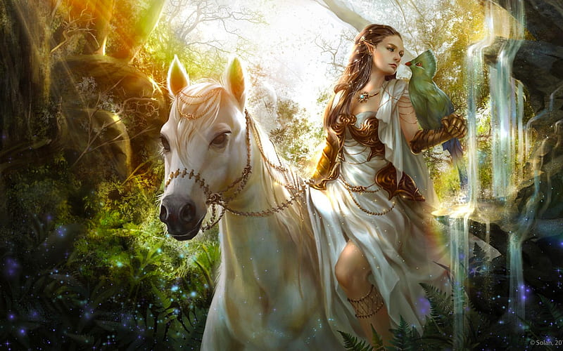 Elf and White Horse, pretty, forest, art, bonito, horse, woman, efl, fantasy, girl, digital, nature, white horse, fairy, HD wallpaper