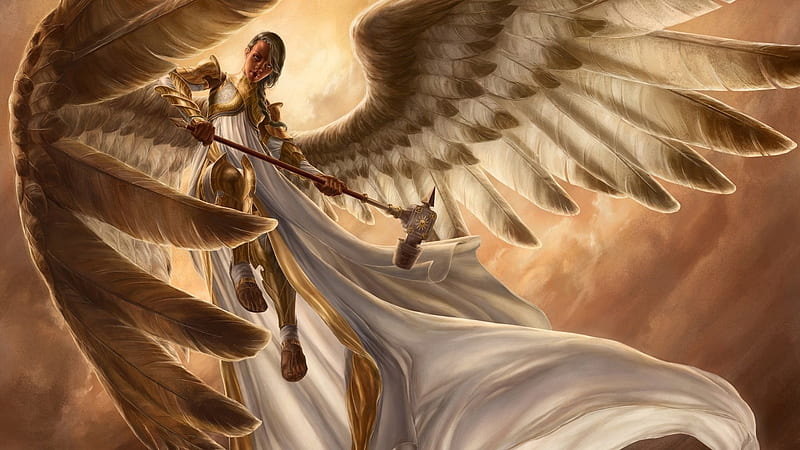 angel, wings, hammer, feathers, Fantasy, HD wallpaper