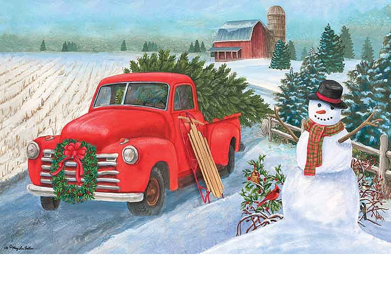 Old Ford Christmas Truck, wreath, red, christmas, ford, truck, trees, old, snowman, HD wallpaper