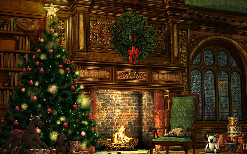Christmas tree, 3d, fireplace, evening, New Year, Christmas, wreath, lights, HD wallpaper