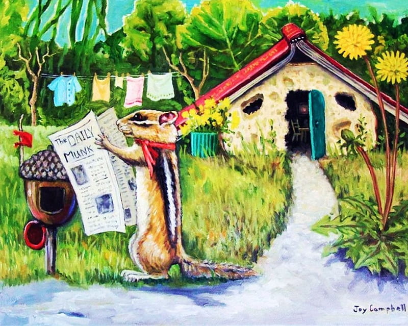 The Daily Munk, chipmunk, house, newspaper, painting, path, postbox, artwork, HD wallpaper