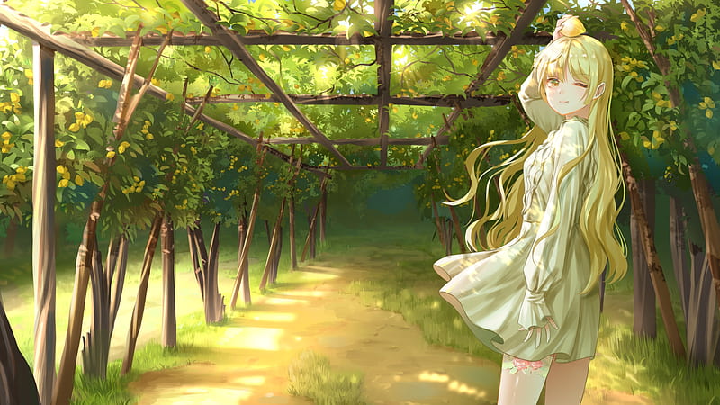 beautiful anime girl, blonde, wink, dress, trees, yellow eyes, Anime, HD wallpaper