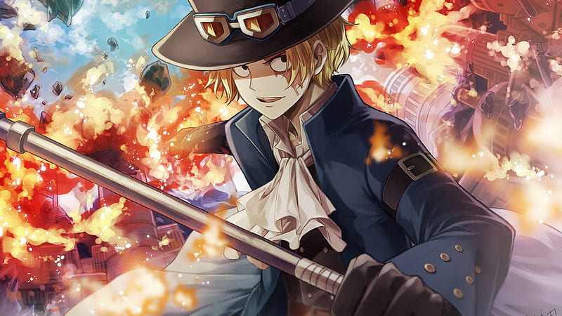 One Piece Sabo With A Stick Wearing Blue Coat With Background Of Fire Anime, HD wallpaper